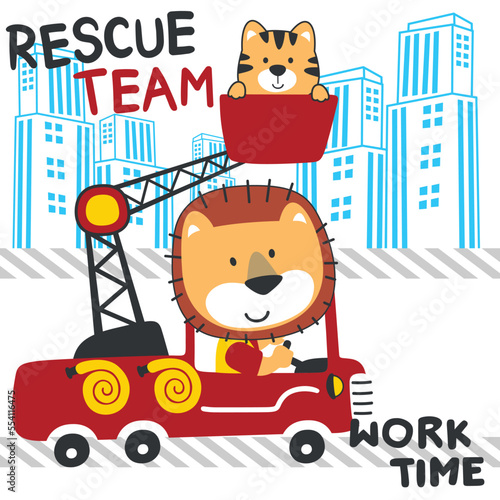 Vector illustration of funny lion firefighter on fire truck. Creative vector childish background for fabric, textile, nursery wallpaper, card, poster and other decoration