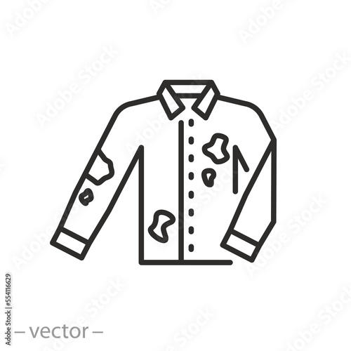 dirty clothes icon, shirt with spots, requires washing, thin line symbol on white background - editable stroke vector illustration