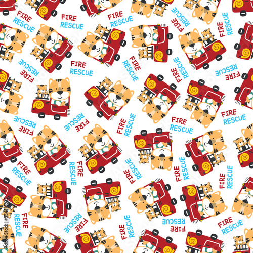 Seamless pattern of fire fighter car with tiger fire fighter animal cartoon. Creative vector childish background for fabric  textile  nursery wallpaper  card  poster and other decoration.