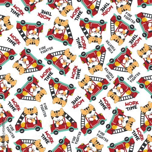 Seamless pattern of fire fighter car with tiger fire fighter animal cartoon. Creative vector childish background for fabric, textile, nursery wallpaper, card, poster and other decoration.