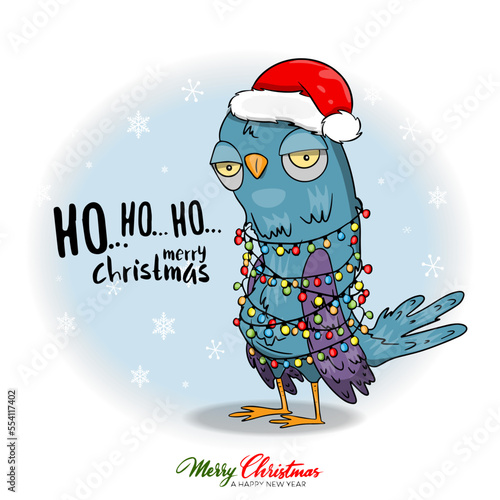 Vector christmas card with grumpy pigeon with garland character party time congratulatory funny postcards with slogans lettering. Cartoon flat style ideal for cards posters, social media.