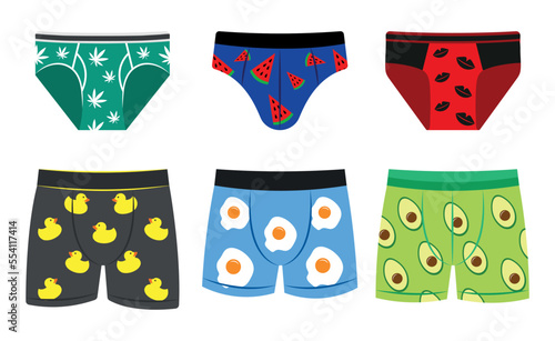 Set of men underpants in a cartoon style. Vector illustration of colorful men's underwear with various designs, boxers and briefs isolated on white background.