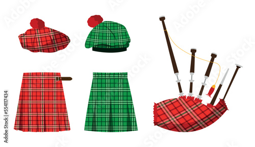 Set of elements of Scottish traditional costume and bagpipes in flat style. Vector illustration of red and green tartan berets and kilts and bagpipes isolated on white background. photo