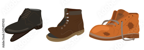 Set of old, torn and dirty clothes in flat style. Vector illustration of torn shoes, boots in need of repair and cleaning isolated on a white background.