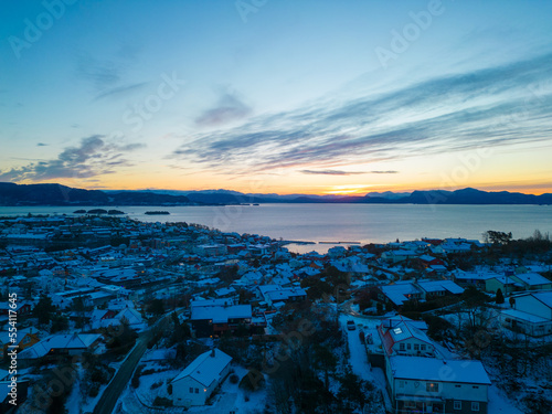 Wallpaper Mural Sunset over the snow covered town center of Osøyro, Bjørnafjorden, Norway Torontodigital.ca