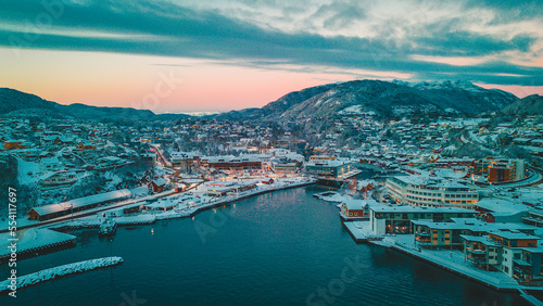 Wallpaper Mural Sunset over the snow covered town center of Osøyro, Bjørnafjorden, Norway Torontodigital.ca