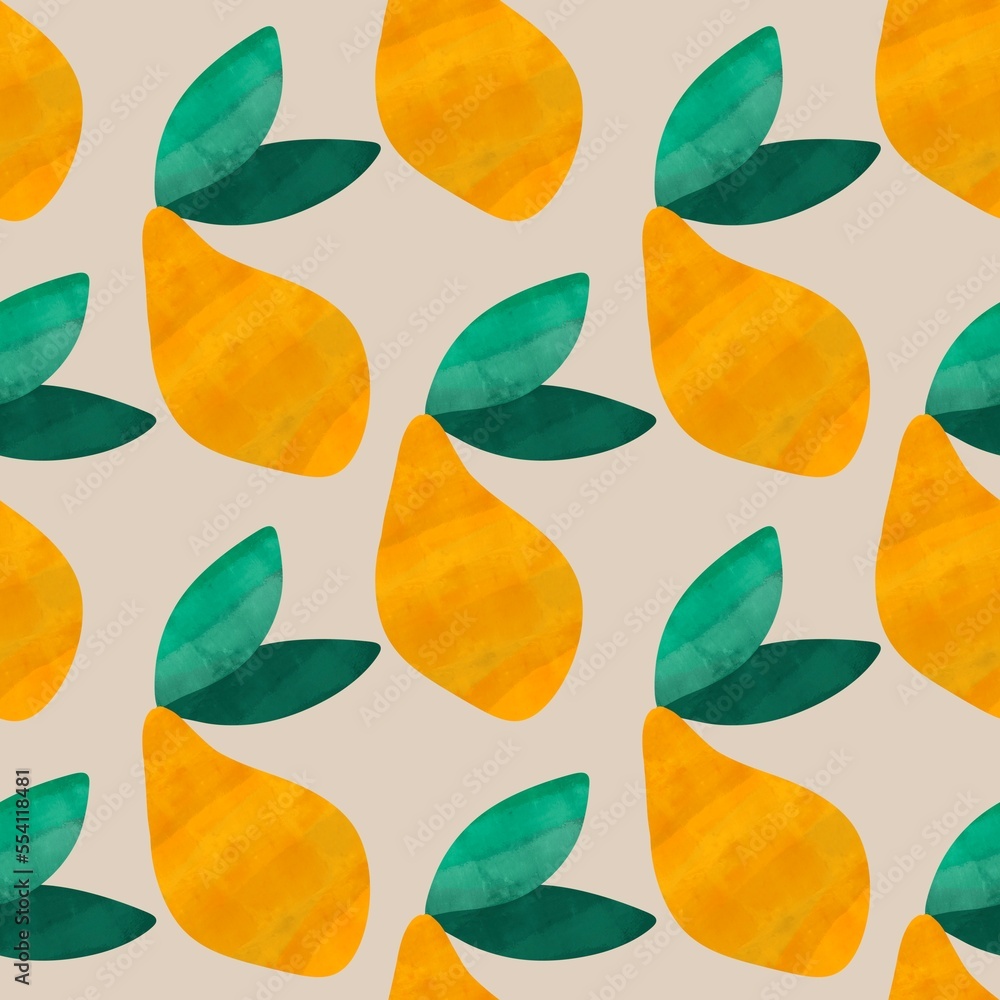 Summer fruit seamless yellow mango watercolor paint green leaves pattern for wrapping paper and fabrics
