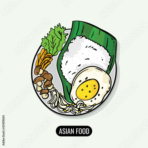 Mixed rice meal with sketch illustration model, asian food