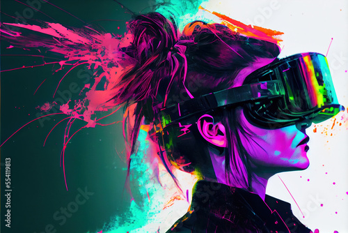 vr headset, metaverse, woman, futuristic, virtual world, state of consciousness, technology, neon, punk, fantasy