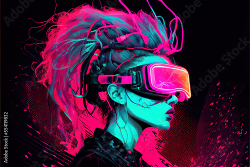 vr headset, metaverse, woman, futuristic, virtual world, state of consciousness, technology, neon, punk, fantasy