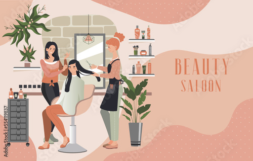 Woman in beauty salon, professional hairdresser and makeup artist people, vector illustration