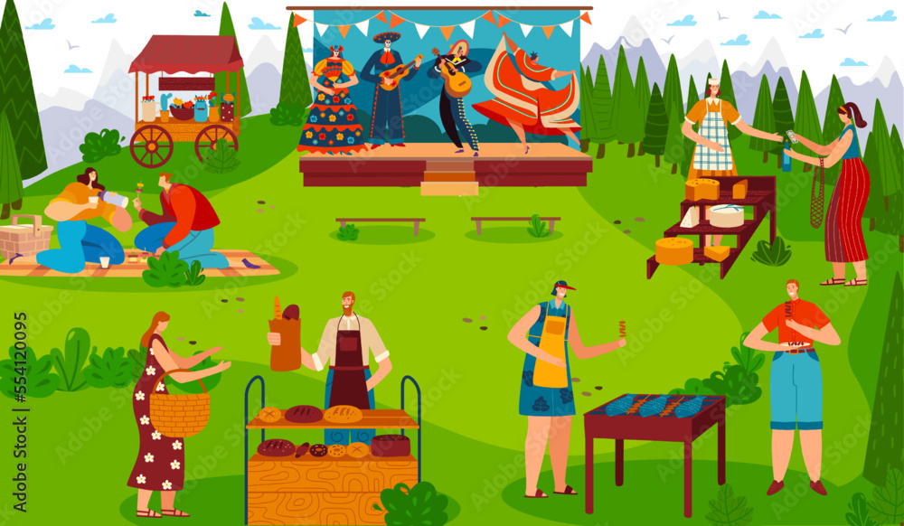Obraz premium Food festival outdoor, people celebrating traditional cultural event picnic, vector illustration