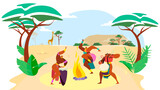 African people dance, man and woman cartoon characters performing traditional culture ritual, vector illustration
