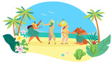 Hawaiian people welcome tourist family on exotic island, ethnic summer vacation, vector illustration