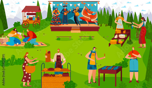 Food festival outdoor, people celebrating traditional cultural event picnic, vector illustration