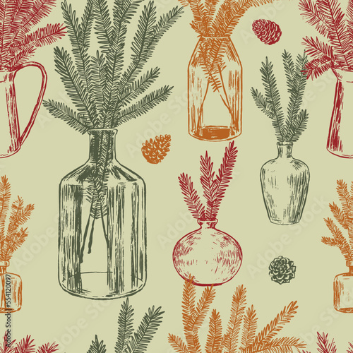 Ornament of jars with fir tree branches and cones. Christmas tree twigs in vases. Abstract vector seamless pattern. Retro style design.