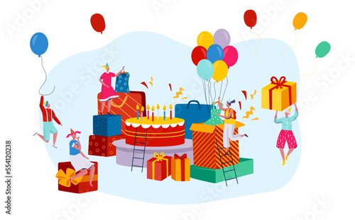 Giant birthday present boxes and tiny people cartoon characters, celebration party concept, vector illustration