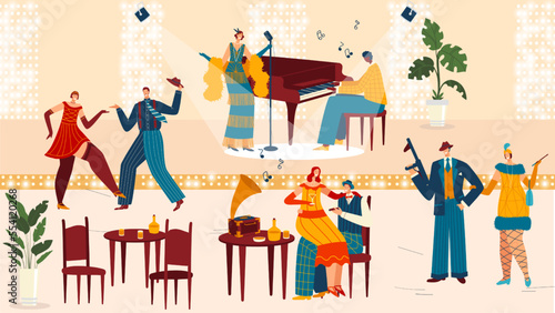 People in retro restaurant, vintage party in art deco style, cartoon characters dancing, vector illustration