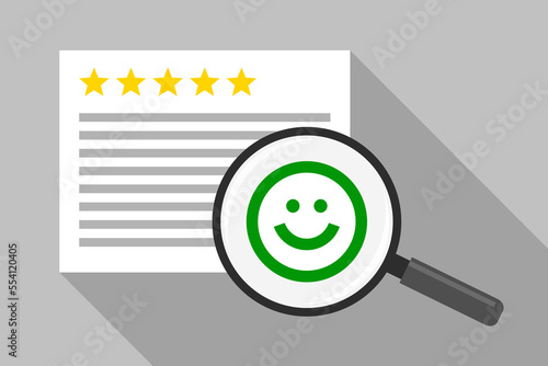 Review marked with five stars rating, positive client feedback