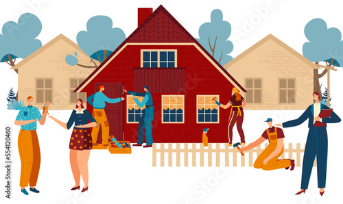 New home building and moving, real estate agent, happy couple with key and workers painting new cottage cartoon vector illustration.