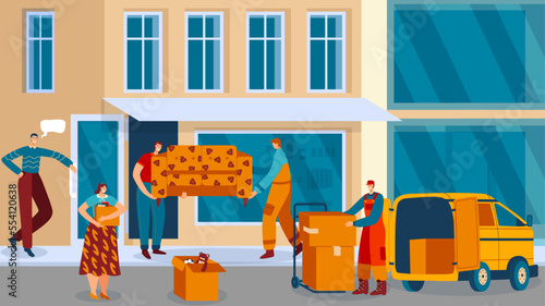 People moving to new city apartment, furniture transportation and box delivery service, vector illustration