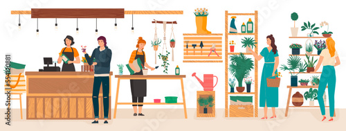 Flowers and plants florist shop interior with florists care for houseplants, woman buys flowers cartoon vector illustration.