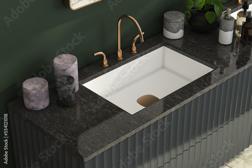 Close up of white sink with oval mirror hanging on dark green wall, empty rack, modern cabinet with black faucet in minimalist bathroom. Forest view from window. Mock up, copy space. 3d rendering