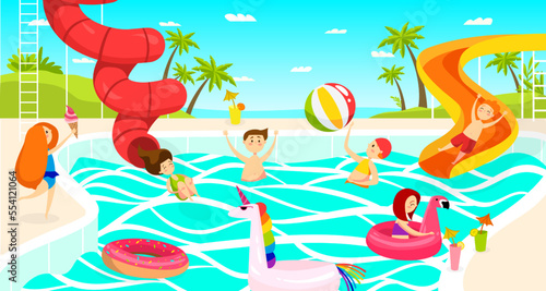 Waterpark for kids in summer, girls and boys swimming slidescartoon vector illustration.