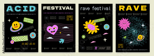 A set of crazy psychedelic posters for a rave festival. Acid artworks.