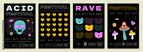 A set of psychedelic bright posters for a rave festival. Hippie-style print templates.