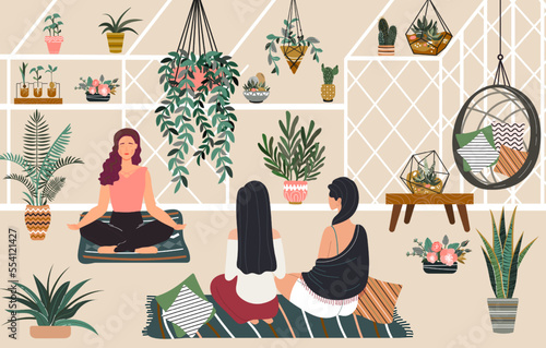 People relax yoga and meditation in greenhouse hygge home, women siiting room with green plants relaxing flat vector illustration.