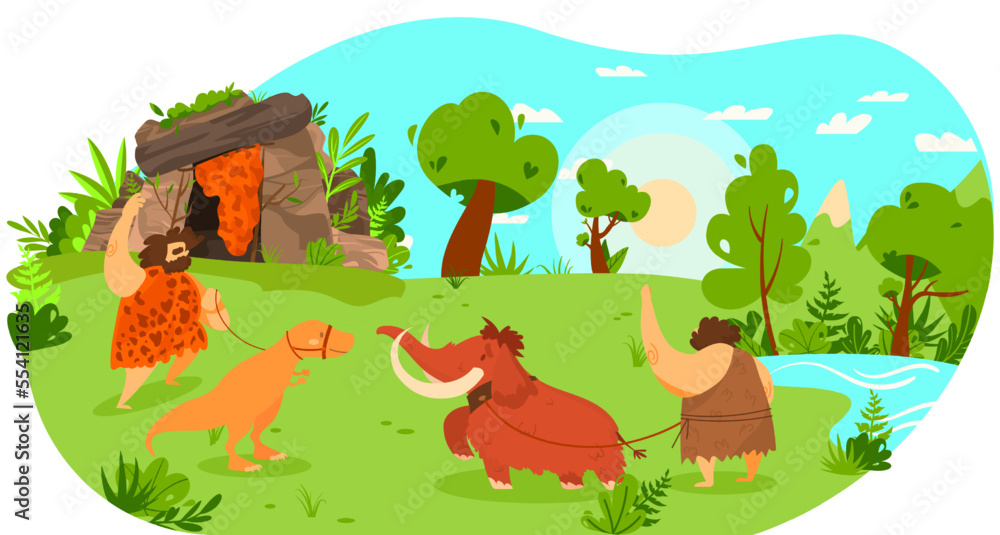 Stone age people with pet animal, mammoth and dinosaur on leash, funny vector illustration Stone age people with pet animal, mammoth and dinosaur on leash, funny vector illustration