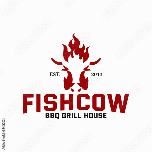 modern vintage retro classic clean flat minimalist of bbq barbecue grill house with combination of fish and cow head and fire flame logo design inspiration
