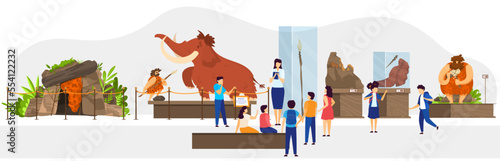 School class in natural history museum, primitive people stone age exhibition, vector illustration