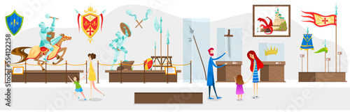 People in historic museum watching medieval gothic history, knights, weapon at history of human culture cartoon vector illustration.