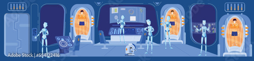Robot control spaceship mission with people in stasis capsules, science fiction scene, vector illustration