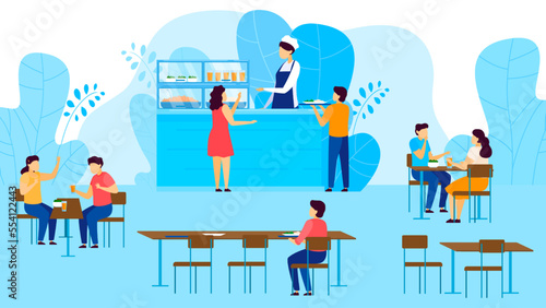 School canteen, cafeteria, children take tray with food, eating at tables, catering restaurant cartoon vector illustration.
