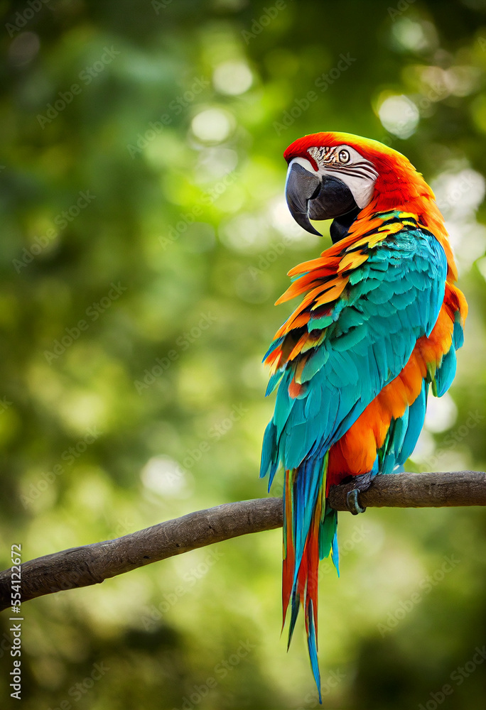 colorful macaw parrot sitting on a branch against the background of green nature, generative AI