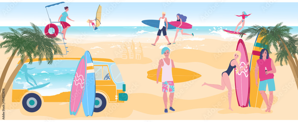 Surfing people enjoy summer vacation on ocean beach, young attractive boys and girls, vector illustration