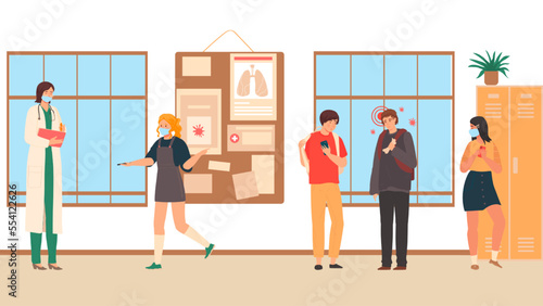 Coronavirus desease infection illness on student, danger to transmission people in school, college, university cartoon vector illustration.