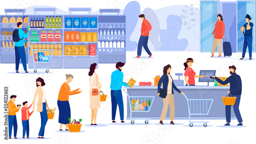 People buying food in supermarket, line at cash desk, grocery store customers, vector illustration