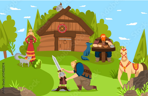 Vikings and scandinavian warriors family and house cartoon vector illustration from Scandinavia history mythology comic art.