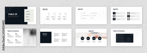 Agenda slides for business, internal, and conference presentations: 8 agenda and table of content options. Clean and minimal design. photo