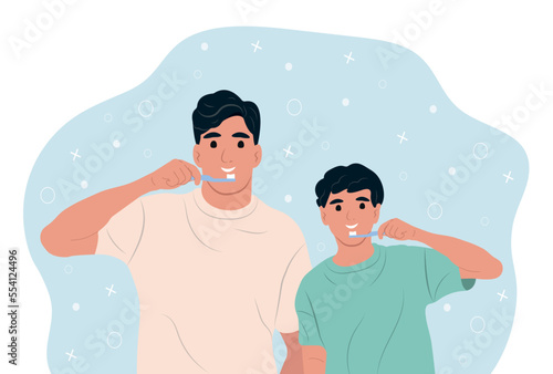 Father and son brush their teeth together. Dad teaches his child to brush teeth properly and talks about the benefits. National Childrens Dental Health Month.