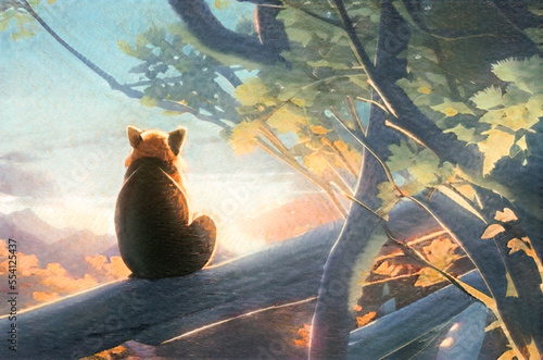 木の登って景色を眺めるレッサーパンダの後ろ姿 photo