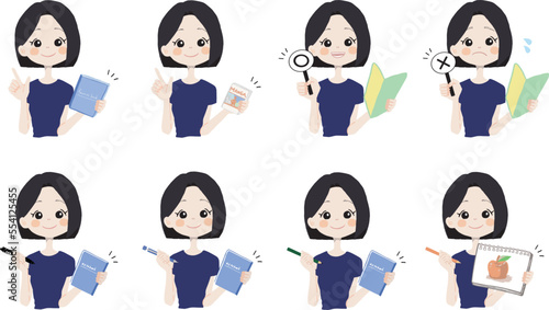 【本、漫画、マルバツ、絵を持っている女の子】表情とポーズのバリエーションセット