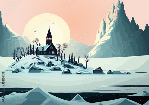 landscape with mountains, northpole, winter, sundown vector illustration