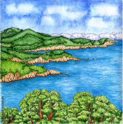 Watercolor illustration of a sea view on a bright sunny day. Seascape sketch. Picturesque embankment. Romantic watercolor background with space for text. Blue quiet ocean bay.