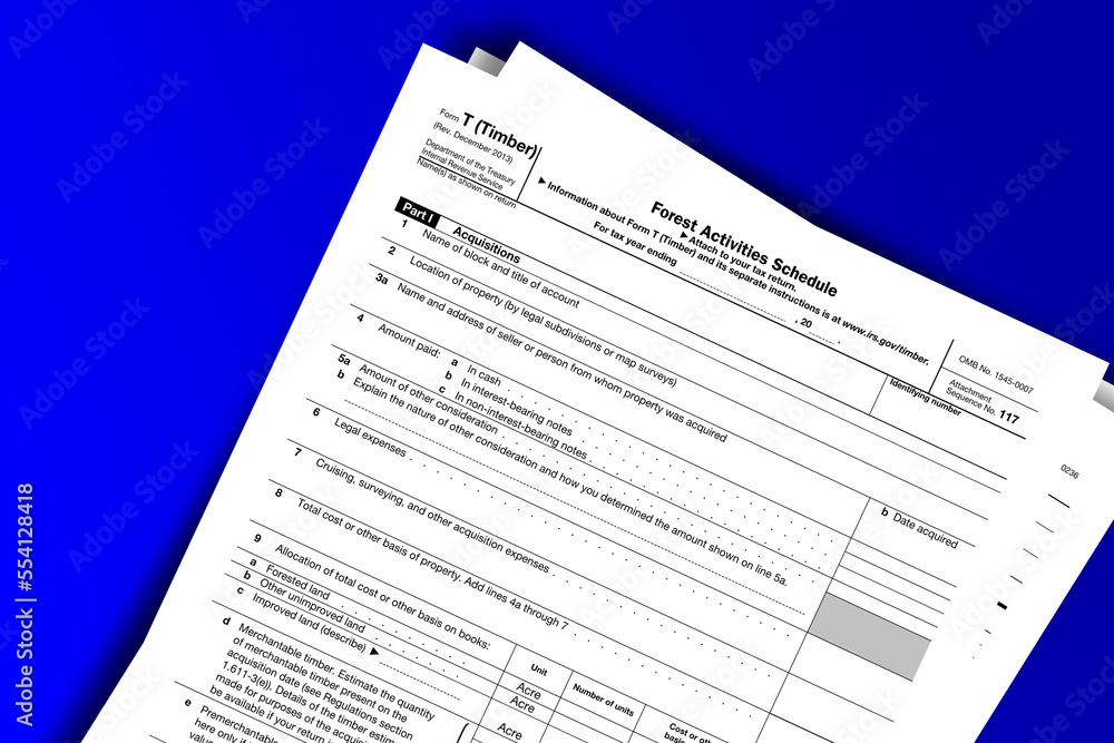 Form T (Timber) documentation published IRS USA 41284. American tax document on colored Form T (Timber) documentation published IRS USA 41284. American tax document on colored