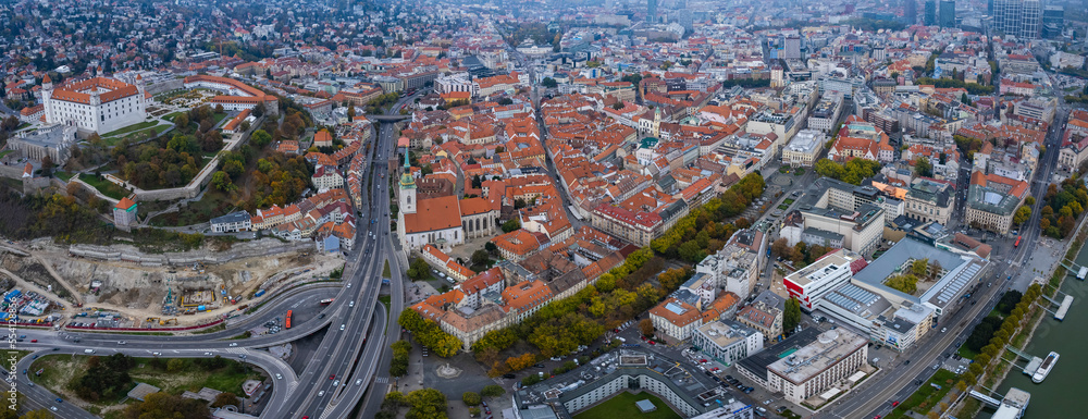 Aerial view of the city capitol Bratislava in Slovakia on a cloudy day in autumn.	